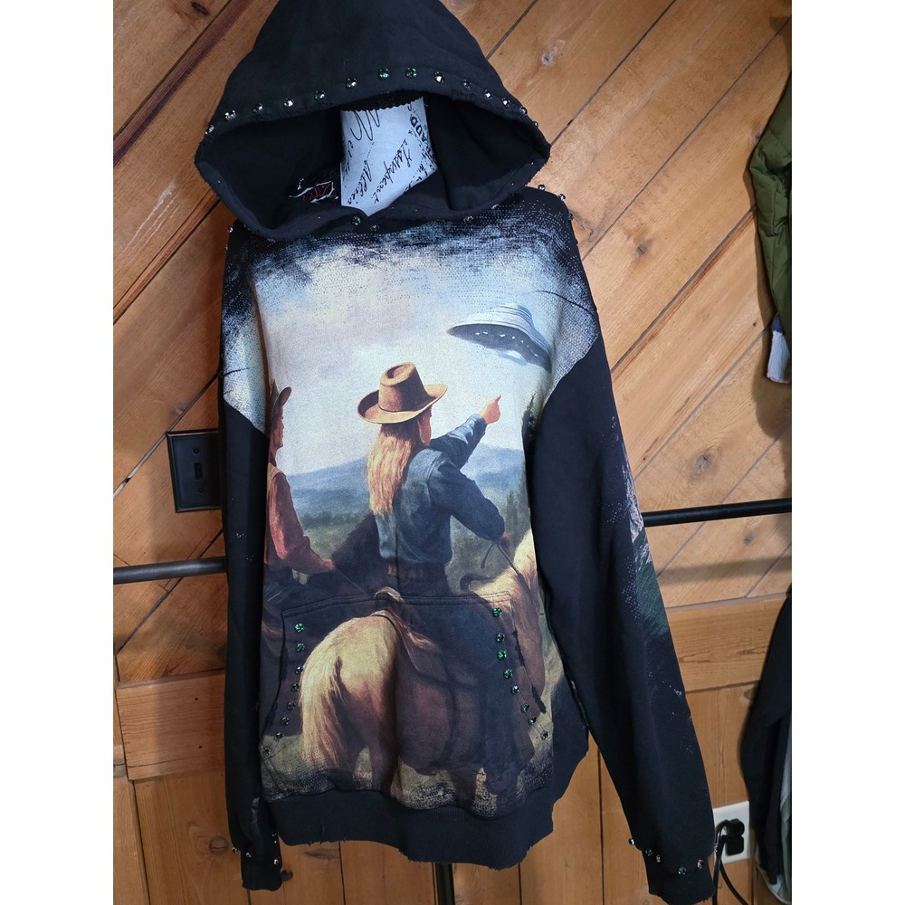 Stray Rats UFO Cowboy Graphic Hoodie Black Rhinestone Embellished Mens Size L